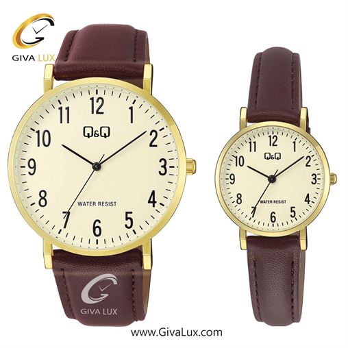 ساعت مچی اورجینال ست کیو اند کیو Q&Q طلایی | قهوه ای| طلایی| کد رفرنس مردانه: C43A-004PY، زنانه: C66A-001PY